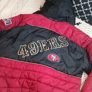 San Francisco 49ers Vintage Pro Player  Puffer Jacket NFL Zip Hood Spellout Rare